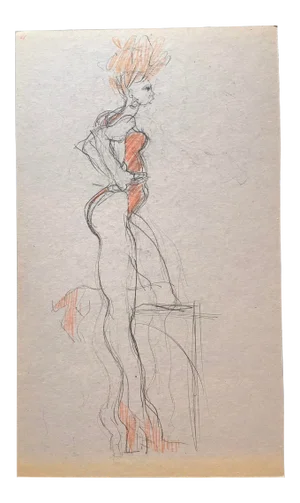 1970’s Fashion Figure Charcoal Illustration Sketch on Heavy Cardboard