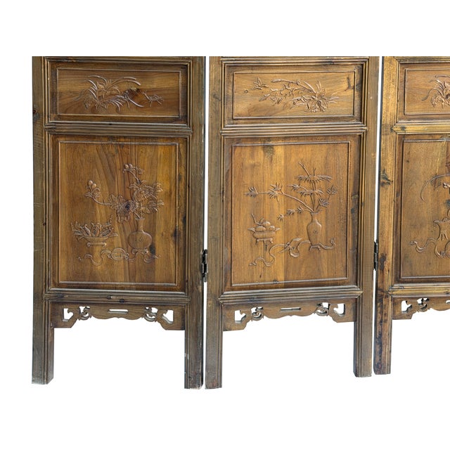 Auburn Vintage Finish Openwork Figural 4 Panels Wood Floor Screen Room Divider For Sale - Image 8 of 11