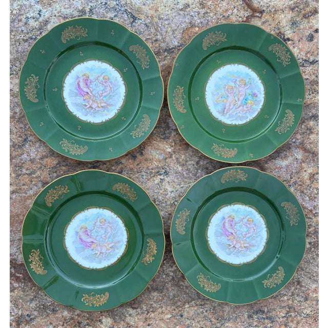 1970s Vintage Set of 8 French Hand Painted Cherubs Gold Gilt Green Porcelain Dinner Plates For Sale - Image 5 of 12