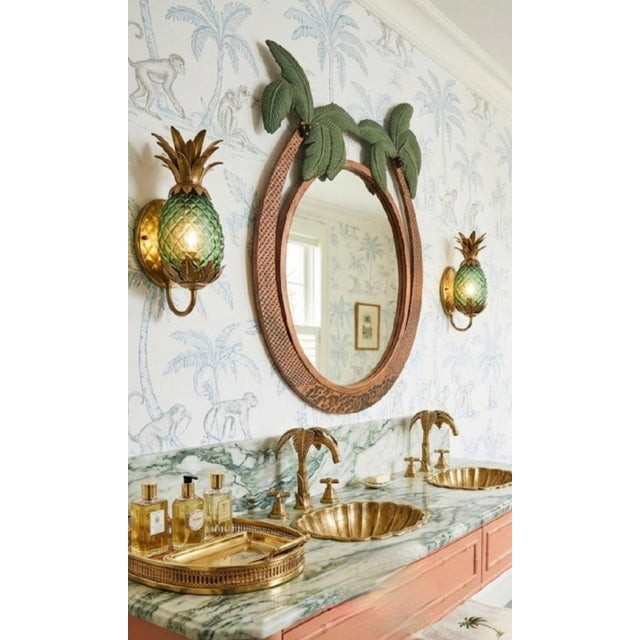 Metal Vintage Heavy Bronze Iron Green Tropical Double Palm Tree Regency Wall Mirror For Sale - Image 7 of 7