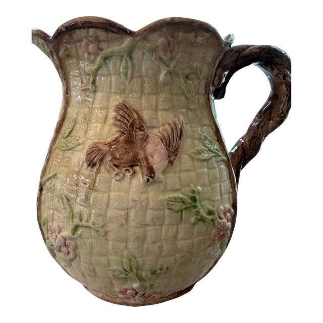 19th Century Antique Majolica Bird Pitcher With Lavender Interior & Basketweave Motif For Sale