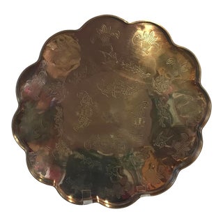Vintage Brass Scalloped Edge Etched Tray For Sale