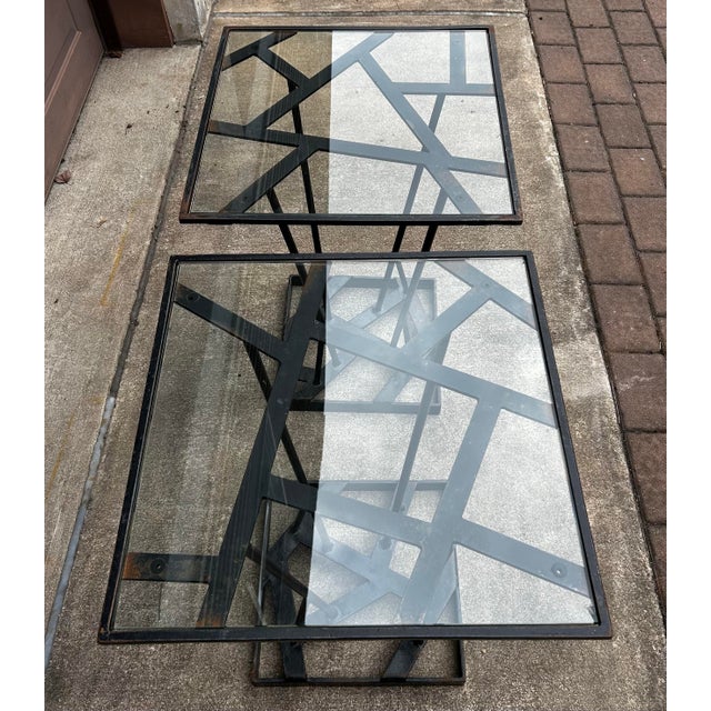 Vintage Brutalist Style Hand Wrought Iron Outdoor Glass Top Tables ~ Pair For Sale - Image 4 of 12