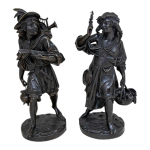 Auguste Carrier "Musicians" Patinated Bronze, Pair
