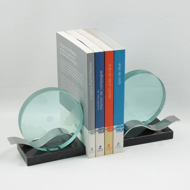 1980s Modernist Bookends Black Granite and Glass Slab, circa 1980 For Sale - Image 5 of 8