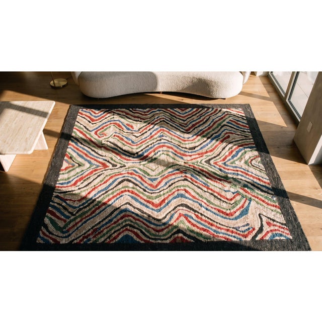 Ivory Attractive Multicolor Background and Black Border With Folk Art Style Antique American Hooked Rug For Sale - Image 8 of 9