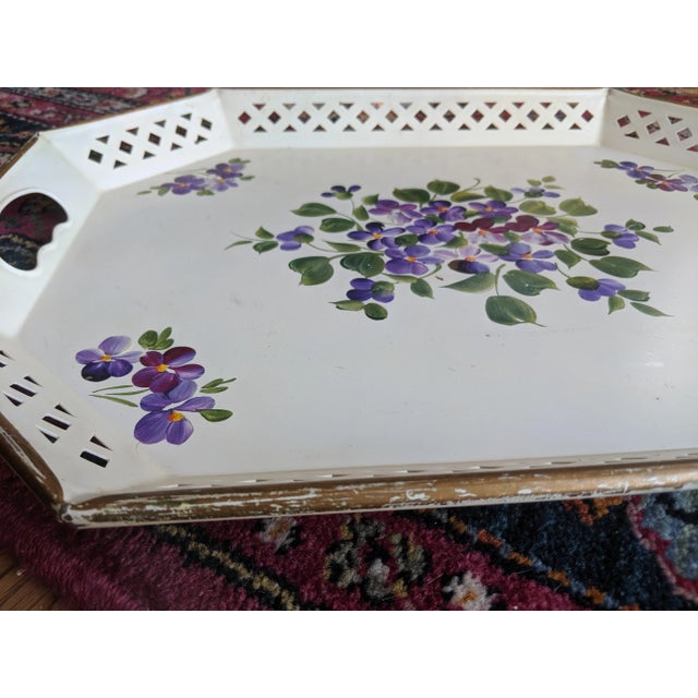 Vintage Hand Painted Botanical White Tole Tray With Handles For Sale In Charlotte - Image 6 of 13