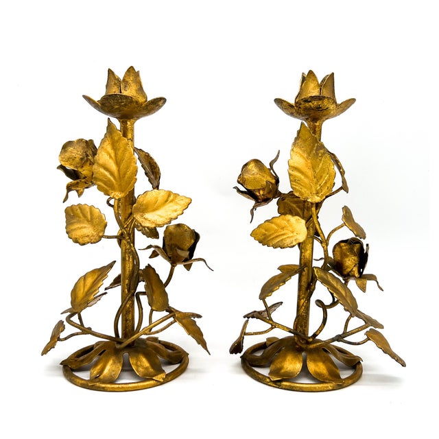 Metal Vintage Italian Gilt Tole Rose Candleholders - Pair - Hollywood Regency, Romantic For Sale - Image 7 of 10