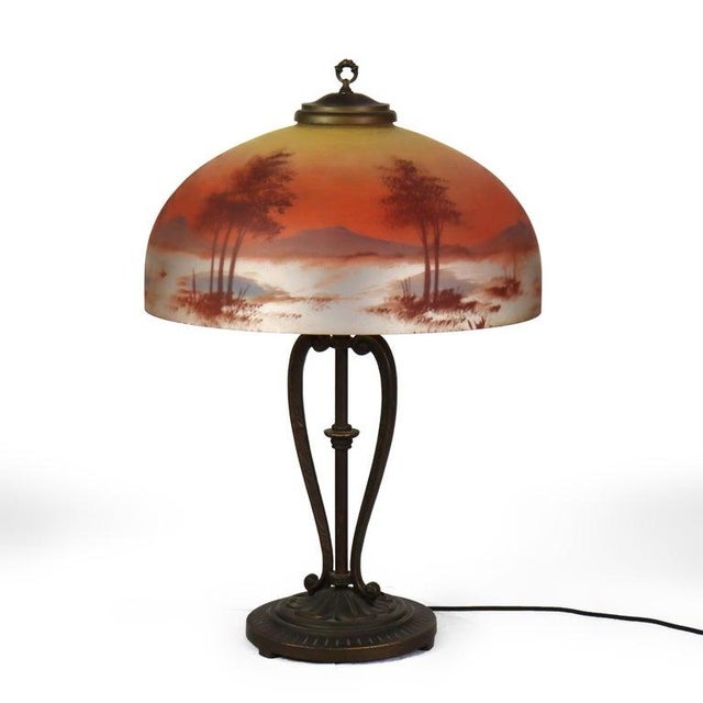 Arts & Crafts Antique Attributed to Handel Co. School Reverse Painted Scenic Table Lamp C1920 For Sale - Image 3 of 10