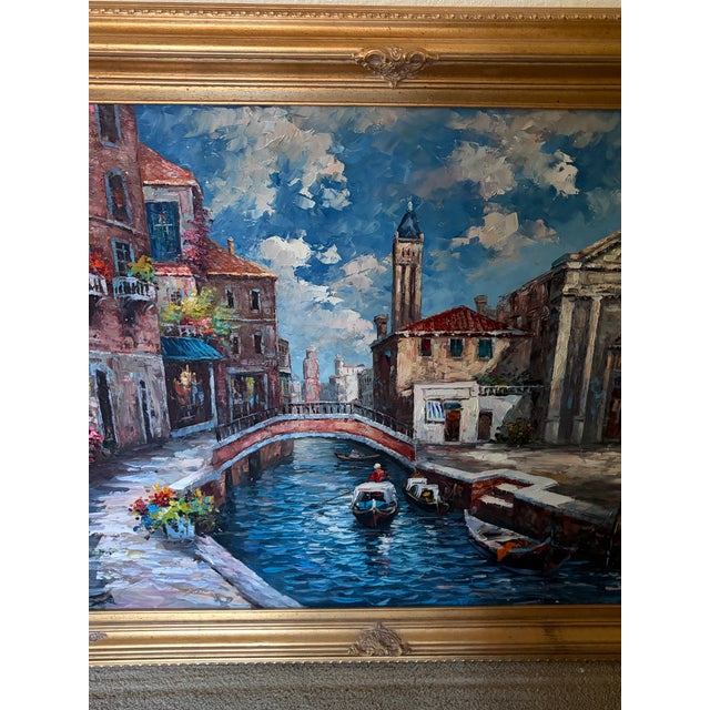 Traditional 1970s Massive Venice Canal Scene – Burnette Original Oil Impasto Texture For Sale - Image 3 of 12