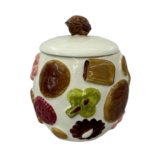 Mid-Century Modern Mid 20th Century "Cookies All Over" Ceramic Cookie Jar With Walnut Finial Lid For Sale - Image 3 of 6