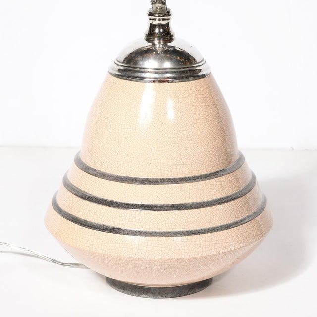 Art Deco Machine Age Craquelure Cream Ceramic Table Lamp Signed Marcel Guillard For Sale - Image 12 of 17