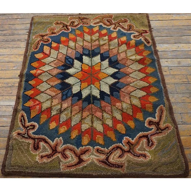 Excellent Multicolored With Unique Symmetrical Desing Forming a Star in the Center Antique American Hooked Rug For Sale - Image 4 of 13