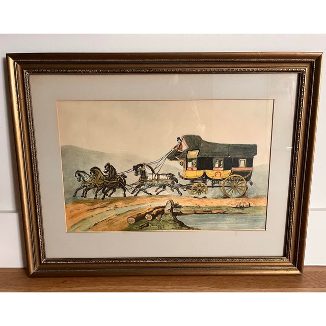French Vintage Framed Hand Colored Etching 'The Coach of Posts' by Victor-Jean Adams For Sale - Image 3 of 8