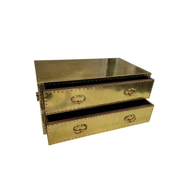 1970s Brass-Clad Riveted Campaign Trunk Coffee Table / 2-Drawer Chest For Sale In West Palm - Image 6 of 11