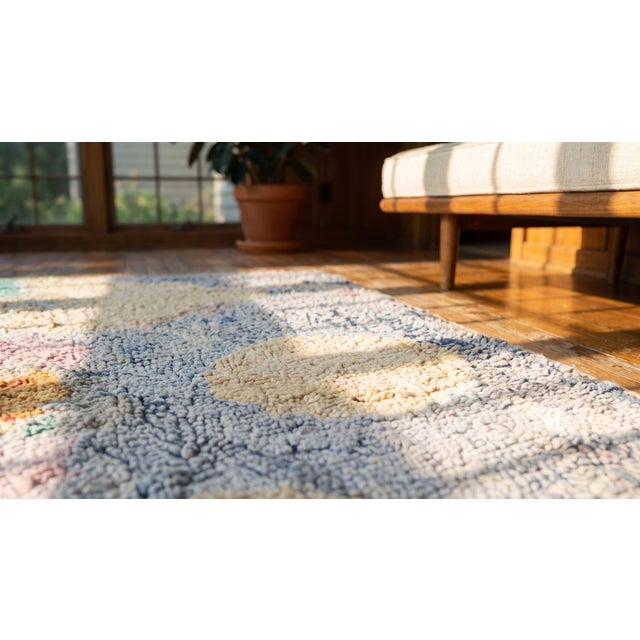 Splendid Sky-Blue Color With Unique Celestial Pattern Antique American Hooked Rug For Sale - Image 11 of 13