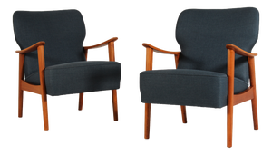 Danish Easy Chairs in Beech and Blue Fabric by Fritz Hansen, 1950-1960, Set of 2