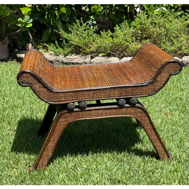 Brown Vintage Woven Rattan Scroll-Arm Footstool / Side Table For Sale - Image 8 of 11