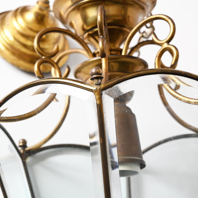 Italian Brass and Beveled Glass Hexagonal Chandelier in the style of Adolf Loos, 1950s For Sale - Image 15 of 18