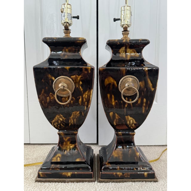 Currey & Company Contemporary Currey & Company Crestview Tortoise Shell Ceramic Neoclassical Table Lamps - Pair For Sale - Image 4 of 17