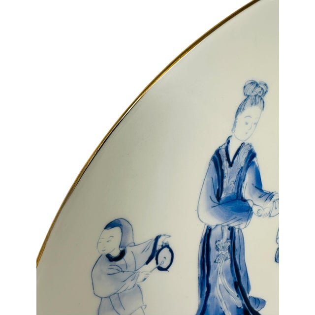 Ceramic Large 12.5" Chinoiserie Blue & White Porcelain Charger - Hand-Painted "Children at Play" Motif - Vintage 1980s Macau Export Art For Sale - Image 7 of 9