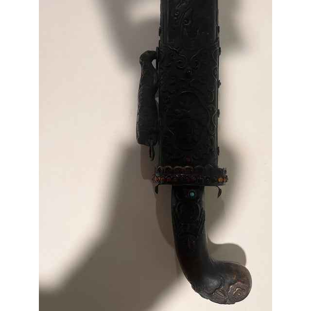 Vintage Sino Tibetan Short Sword Dagger Hand Forged Steel Repousse Scabbard 25" For Sale - Image 10 of 15