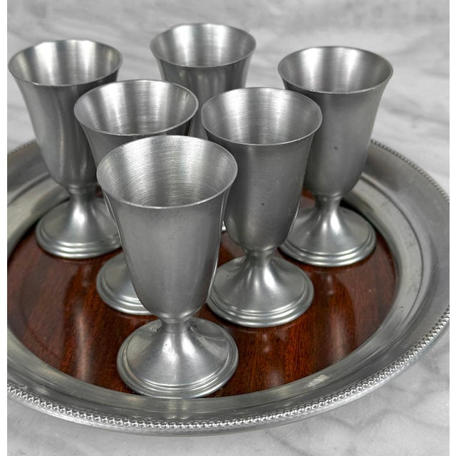 Metal Mid-Century Pewter & Rosewood Formica Cordial Shot Glass Serving Bar Set For Sale - Image 7 of 13