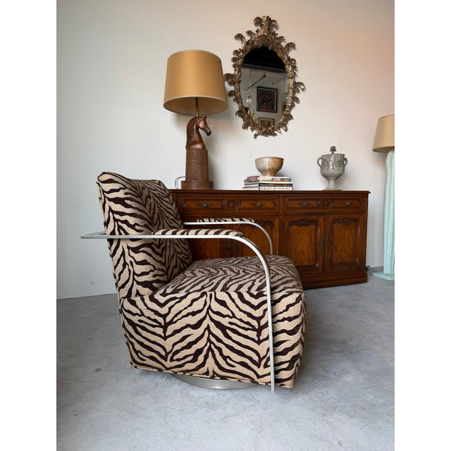 Postmodern Thayer Goggin “Zac” Zebra Print Swivel Lounge Chair in Brushed Stainless Steel For Sale - Image 3 of 12