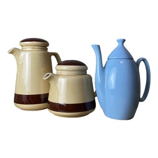 Mid-Century Portuguese Brown and Blue Porcelain Tea and Coffee Pots from Sado International, 1960s, Set of 3 For Sale