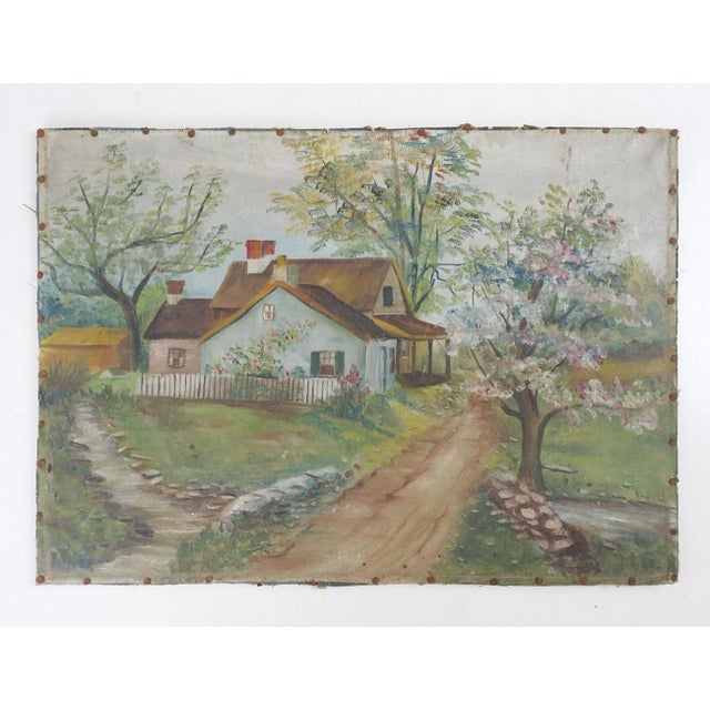 Vintage circa 1930's oil on canvas board painting of cottage and landscape. Unsigned. Unframed, has been attached to board...