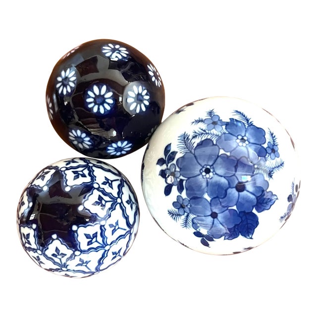 Blue and White Floral Ceramic Balls - Set of 3 For Sale