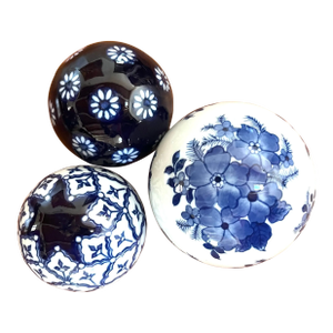 Blue and White Floral Ceramic Balls - Set of 3