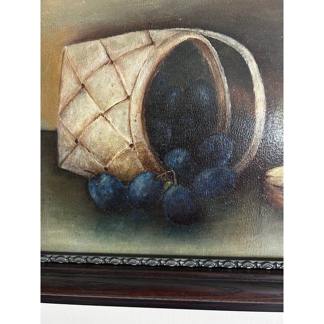 Antique Framed Oil Painting Still Life of Apples and Plums in Basket For Sale - Image 4 of 6