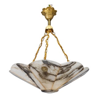 French Art Deco Black & White Veined Alabaster and Bronze Chandelier, 1920 For Sale