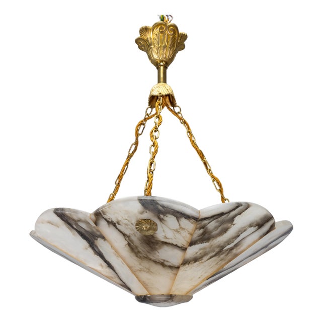 French Art Deco Black & White Veined Alabaster and Bronze Chandelier, 1920 For Sale