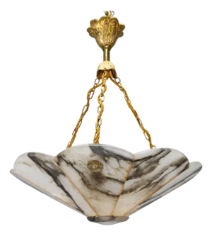 French Art Deco Black & White Veined Alabaster and Bronze Chandelier, 1920