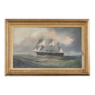 Large 19th Century Signed Original Oil of Early Steamship in Original Carved Frame For Sale