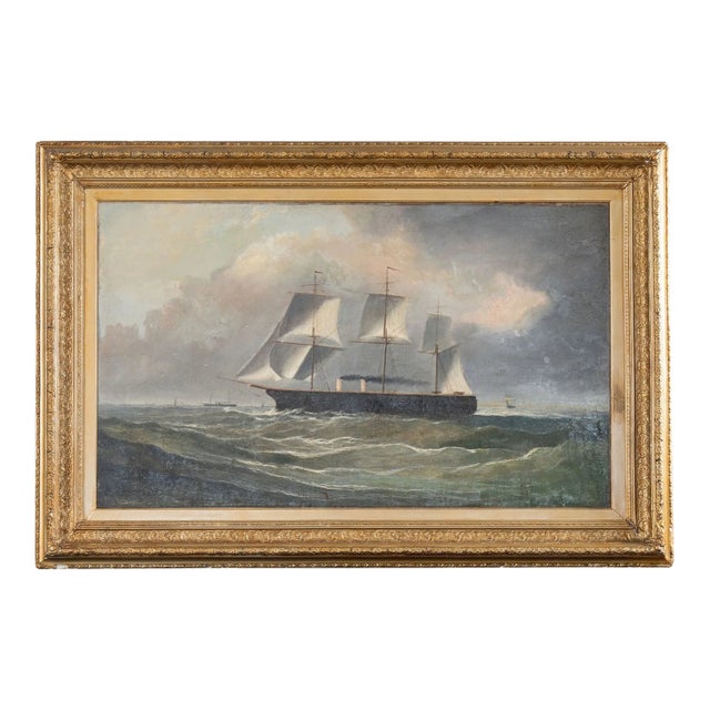 Large 19th Century Signed Original Oil of Early Steamship in Original Carved Frame For Sale
