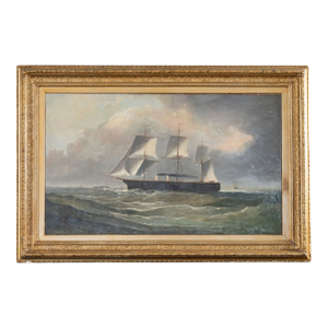 Large 19th Century Signed Original Oil of Early Steamship in Original Carved Frame