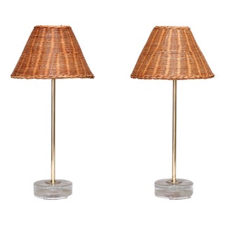 Table Lamps in Brass, Glass and Rattan from Falkenbergs Belysning, 1960s, Set of 2 For Sale