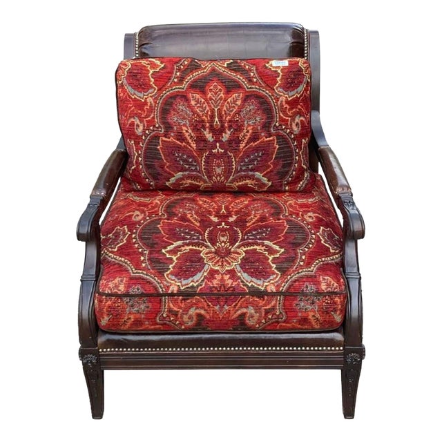 Paul Schatz Lounge Chair With Floral Red Upholstery and Wood Frame For Sale