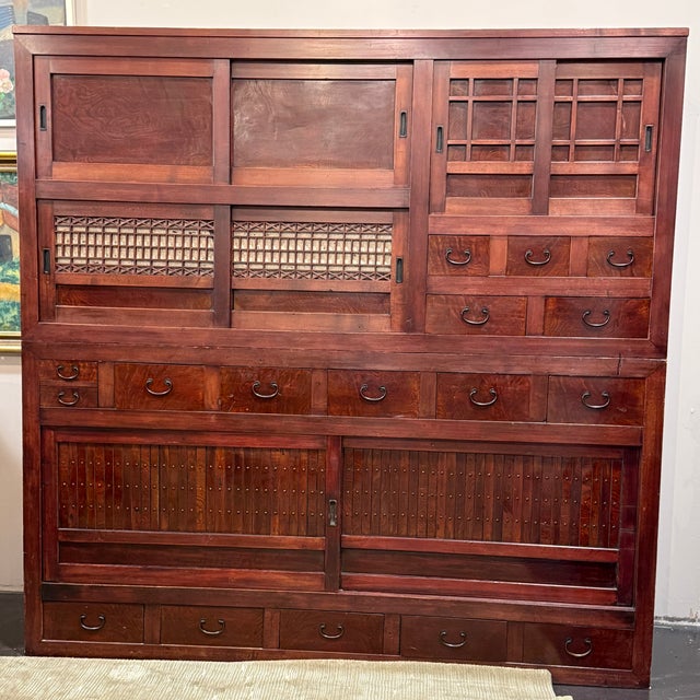 Japanese Antique Japanese Mizuya-Dansu Cabinet – Meiji/Taisho Period Kitchen Chest With Lattice Doors, Bamboo Paneling & Multiple Drawers For Sale - Image 3 of 12
