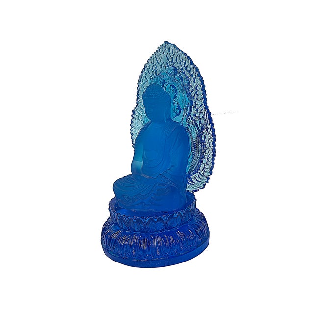 Religious Blue Crystal Glass Sitting Buddha Lotus Base Mandorla Halo Back Statue For Sale - Image 3 of 10