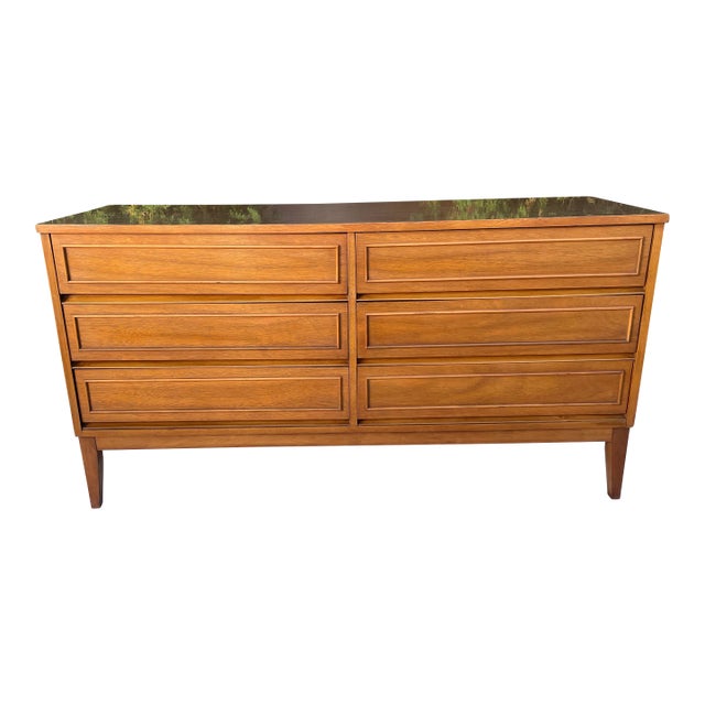 Vintage Dixie Furniture Co. Walnut 6-Drawer Lowboy Dresser, Mid-Century Modern For Sale