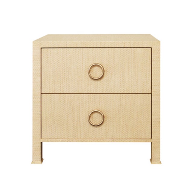 Worlds Away Matthew Izzo Home Edelman Natural Grasscloth Two Drawer Side Table With Antique Brass Hardware For Sale - Image 4 of 4