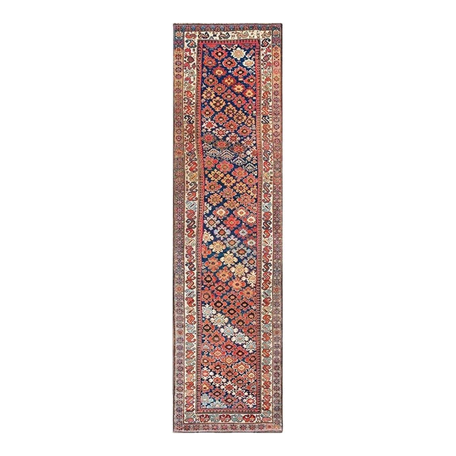 Traditional Antique Tribal Geometric Nw Blue 1890s Hallway Runner Rug For Sale