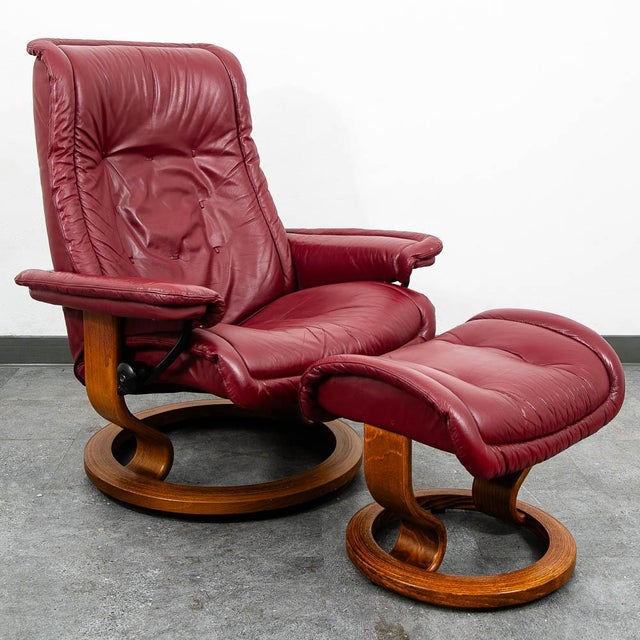 Wood Mid Century Danish Modern Lounge Chair Leather Ekornes Red Recliner Ottoman For Sale - Image 7 of 11