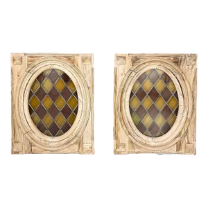 Pair 19th Century Framed Oval Stained Glass Windows