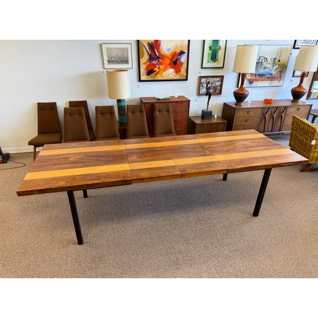 Brown 1970s Mid Century Modern Multi-Wood Dining Table Designed by Milo Baughman for Directional Furniture’s Gallery One Line For Sale - Image 8 of 12