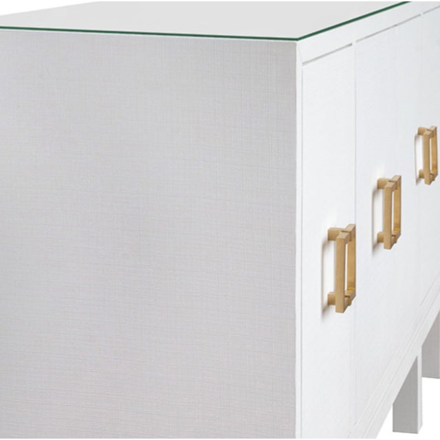 Not Yet Made - Made To Order Matthew Izzo Home Effie White Linen Four Door Buffet With Square Brass Handles and Glass Top For Sale - Image 5 of 9